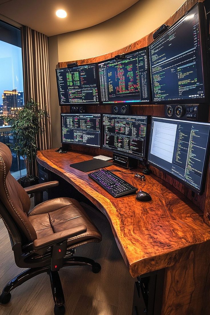 Live-edge wooden desk curving along a wall of six monitors beside a window with city views