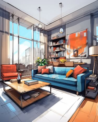 Marker sketch of a living room with a blue sofa, orange cushions, wooden coffee table and bookshelf