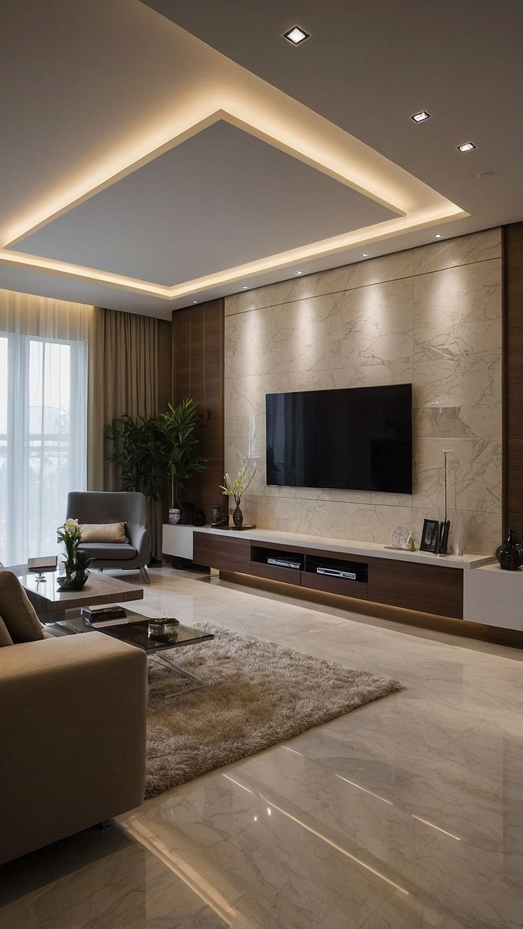 Marble TV feature wall with walnut console, cove ceiling and recessed spotlights